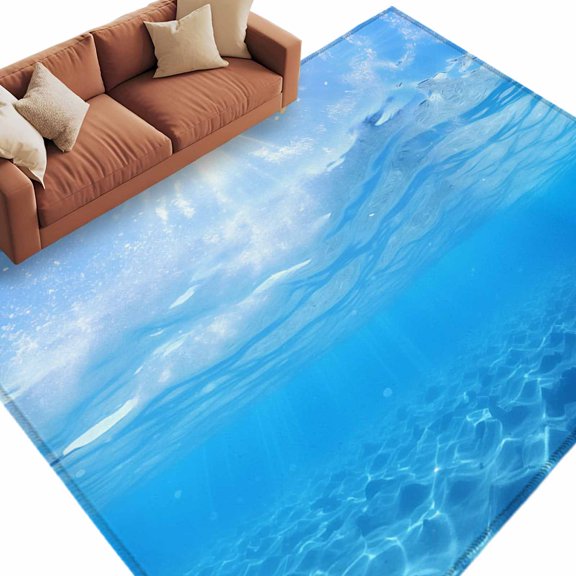 Area Rug 60×96in, Underwater Blue Ocean Water Waves Sunshine Through Deep Sea View Floor Carpet Living Room Rug, Seascape Non-Slip Welcome Mat Indoor Rugs for Bedroom Dining Room