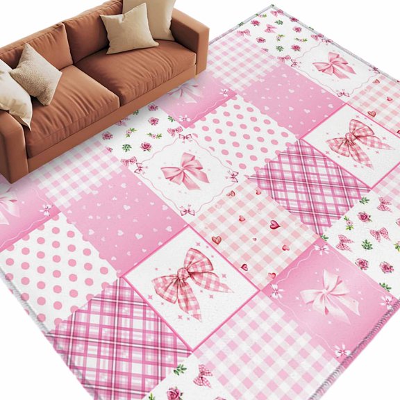 Area Rug 60×96in, Valentine's Day Geometric Style Floor Carpet Living Room Rug, Pink Bow Checkered Polka Dot Non-Slip Welcome Mat Indoor Rugs for Bedroom Dining Room