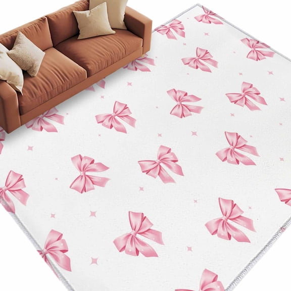 Area Rug 60×96in, Valentine's Day Pink Bow Floor Carpet Living Room Rug, Mother's Day Ribbon Bowknot Non-Slip Welcome Mat Indoor Rugs for Bedroom Dining Room