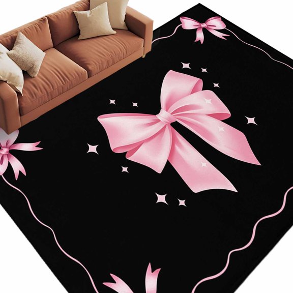 Area Rug 60×96in, Valentine's Day Pink Bowknot on Black Floor Carpet Living Room Rug, Ribbon Bow Mother's Day Non-Slip Welcome Mat Indoor Rugs for Bedroom Dining Room