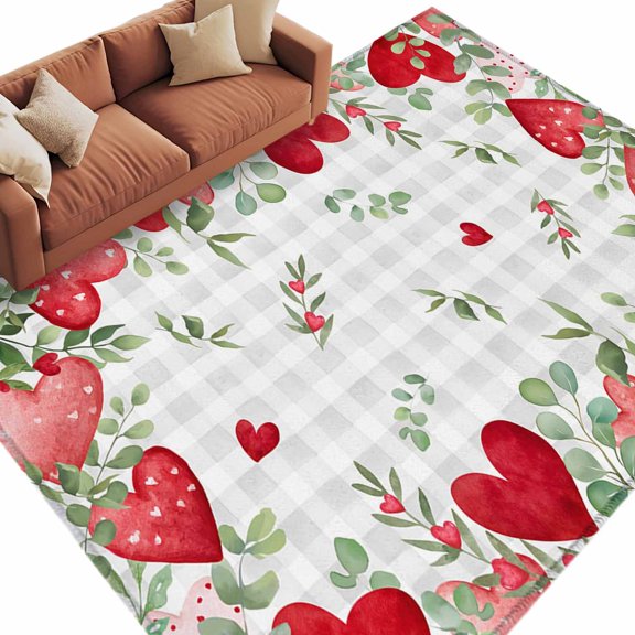 Area Rug 60×96in, Valentine's Day Red Heart Floor Carpet Living Room Rug, Eucalyptus Leaves Gray Check Non-Slip Welcome Mat Indoor Rugs for Bedroom Dining Room