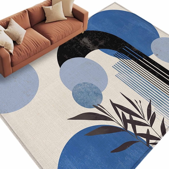 Area Rug 60×96in, Vintage Abstract Blue Color Block Floor Carpet Living Room Rug, Minimalist Boho Leaves Non-Slip Welcome Mat Indoor Rugs for Bedroom Dining Room