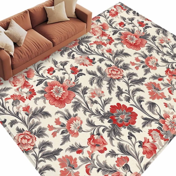 Area Rug 60×96in, Vintage Blossom Floral Vine Floor Carpet Living Room Rug, Country Wildflower Leaves Non-Slip Welcome Mat Indoor Rugs for Bedroom Dining Room