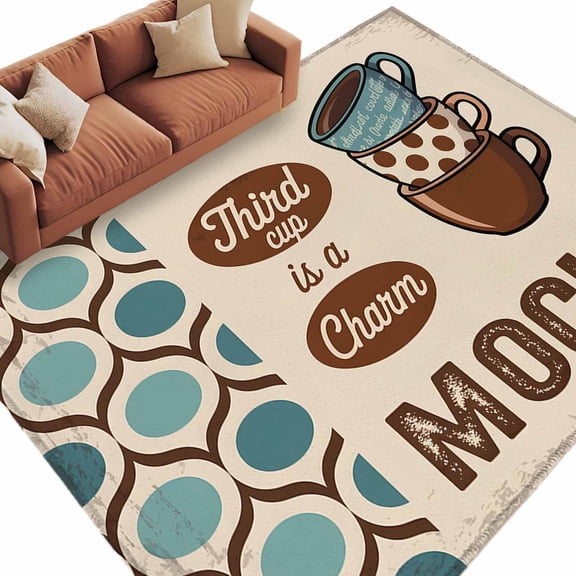 Area Rug 60×96in, Vintage Coffee Mocha Cups Floor Carpet Living Room Rug, Medieval Casual Time Non-Slip Welcome Mat Indoor Rugs for Bedroom Dining Room