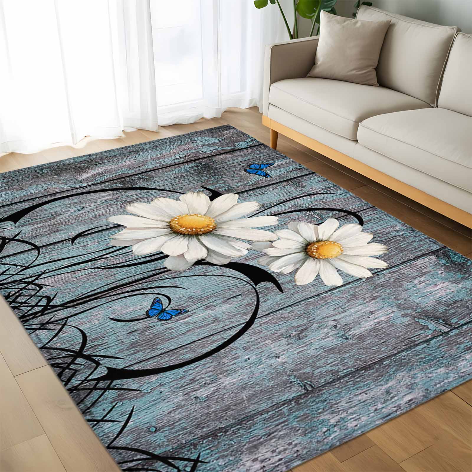 Small Daisy Rug Area Rug 60×96in, Vintage Daisy Flowers Butterflies Floor Carpet Living ...