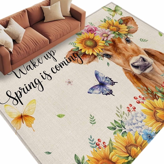 Area Rug 60×96in, Vintage Farm Cow Sunflowers Floor Carpet Living Room Rug, Country Floral Art Non-Slip Welcome Mat Indoor Rugs for Bedroom Dining Room