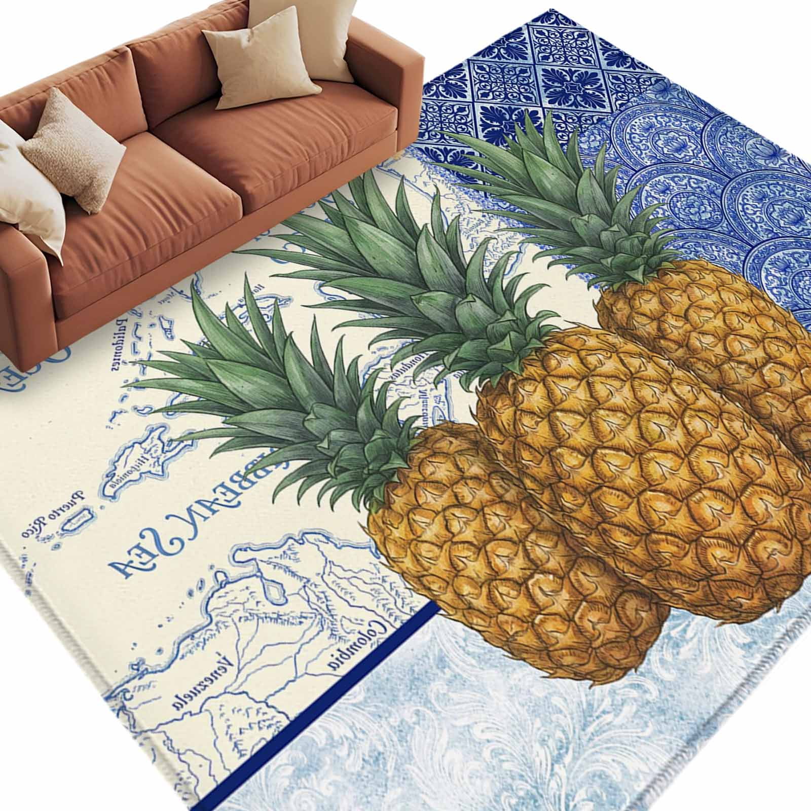 Pineaaple Insoired Rug Area Rug 60×96in, Vintage Pineapple Blue Flower Porcelain Floor Carpet ...