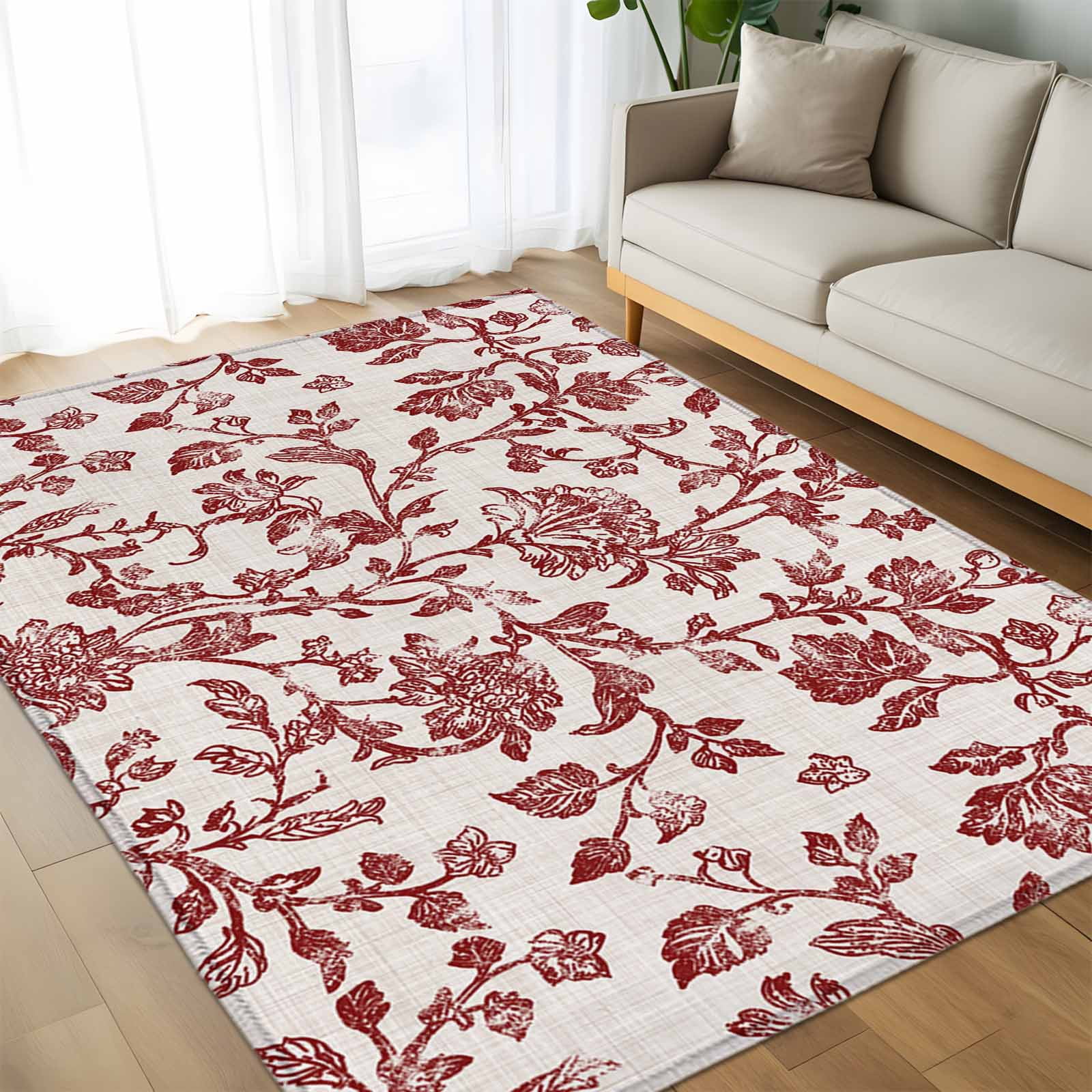 Area Rug 60×96in, Vintage Rustic Red Flower on Linen Floor Carpet ...