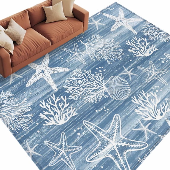 Area Rug 60×96in, Vintage Sea Star Shell Coral Floor Carpet Living Room Rug, Summer Marine Life Non-Slip Welcome Mat Indoor Rugs for Bedroom Dining Room
