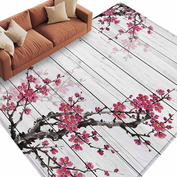 Area Rug 60×96in, Water Ink Painting Cherry Flowers Floor Carpet Living Room Rug, White Wood Board Non-Slip Welcome Mat Indoor Rugs for Bedroom Dining Room
