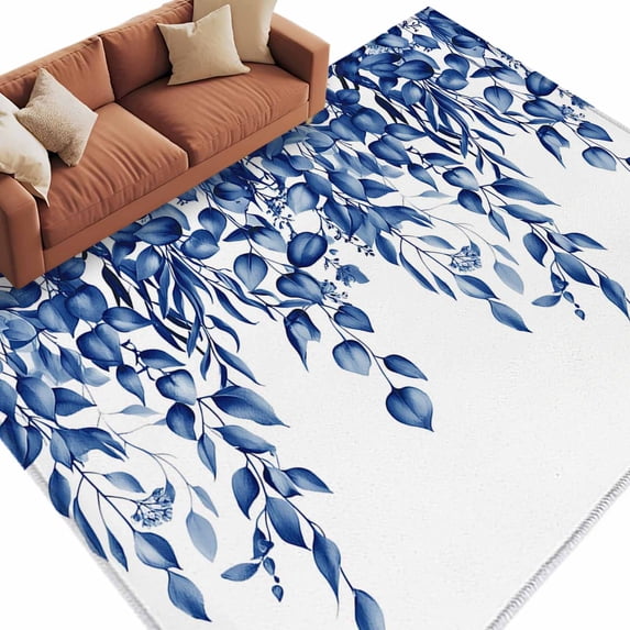 Area Rug 60×96in, Watercolor Blue Eucalyptus Leaf Floor Carpet Living Room Rug, Summer Farmhouse Leaves Non-Slip Welcome Mat Indoor Rugs for Bedroom Dining Room