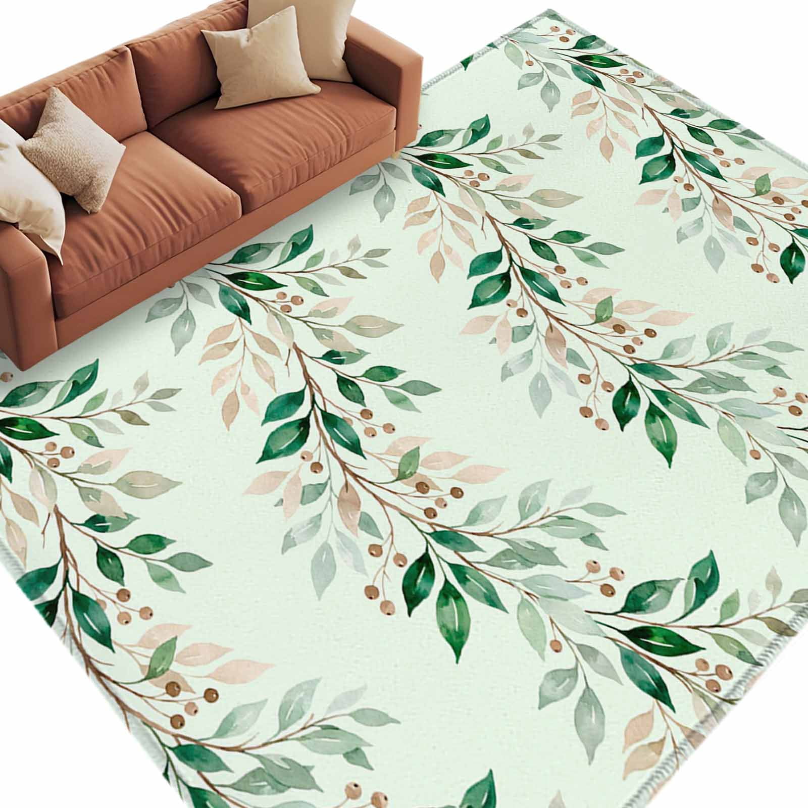 Area Rug 60×96in, Watercolor Botanical Leaf Berry Floor Carpet Living ...