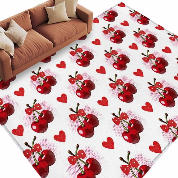 Area Rug 60×96in, Watercolor Cherry Red Heart Bow Floor Carpet Living Room Rug, Seamless Fruit on White Non-Slip Welcome Mat Indoor Rugs for Bedroom Dining Room