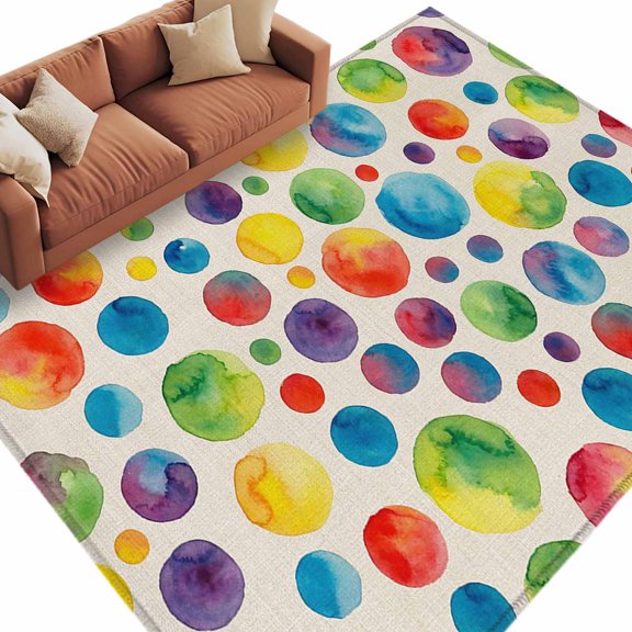 Area Rug 60×96in, Watercolor Circle Dots on Linen Floor Carpet Living Room Rug, Seamless Colorful Dot Polka Non-Slip Welcome Mat Indoor Rugs for Bedroom Dining Room