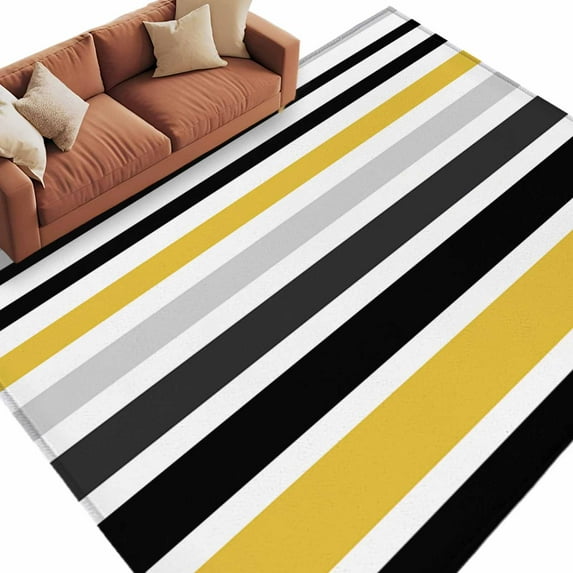 Area Rug 60×96in, Watercolor Classic Stripe Floor Carpet Living Room Rug, Grey Black Yellow Lines Non-Slip Welcome Mat Indoor Rugs for Bedroom Dining Room