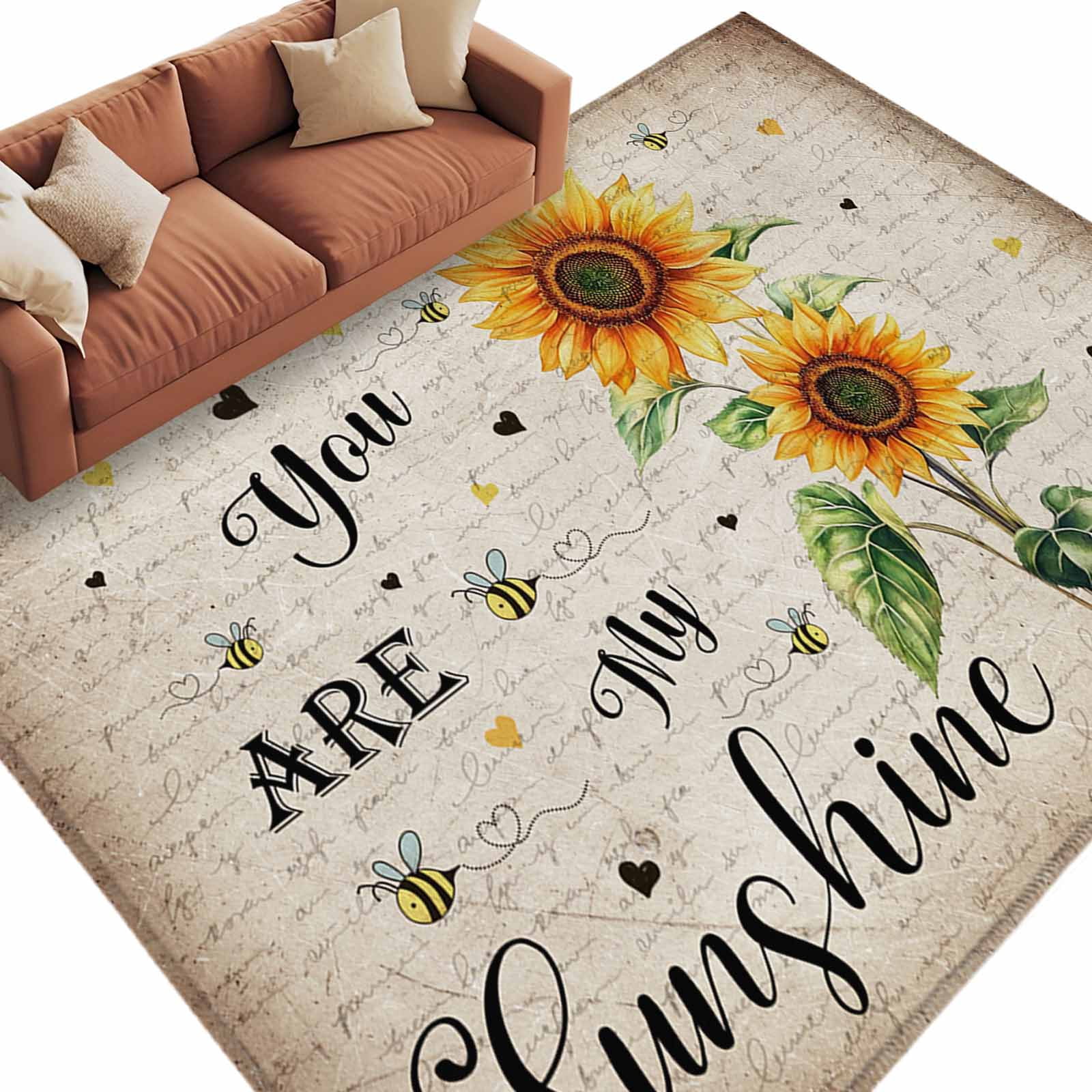 Sunshine Rug Area Rug 60×96in, Watercolor Farm Sunflower Bee Heart Floor Carpet ...
