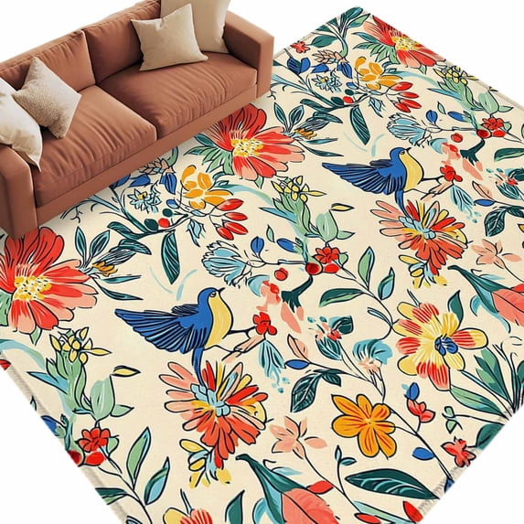 Area Rug 60×96in, Watercolor Flower Blue Bird on Retro Floor Carpet Living Room Rug, Boho Floral Leaves Non-Slip Welcome Mat Indoor Rugs for Bedroom Dining Room