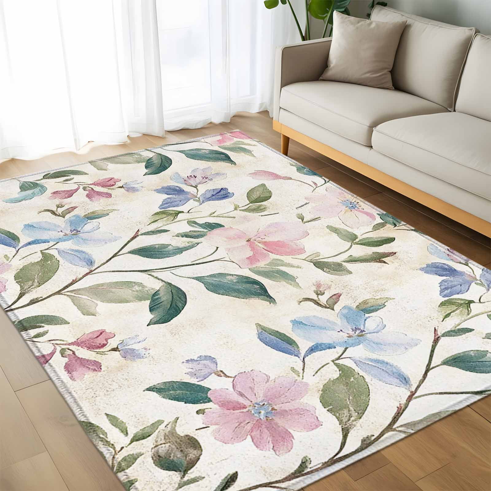 Flower Pattern Area Rug Area Rug 60×96in, Watercolor Flowers Plants on Mottled Floor Carpet ...