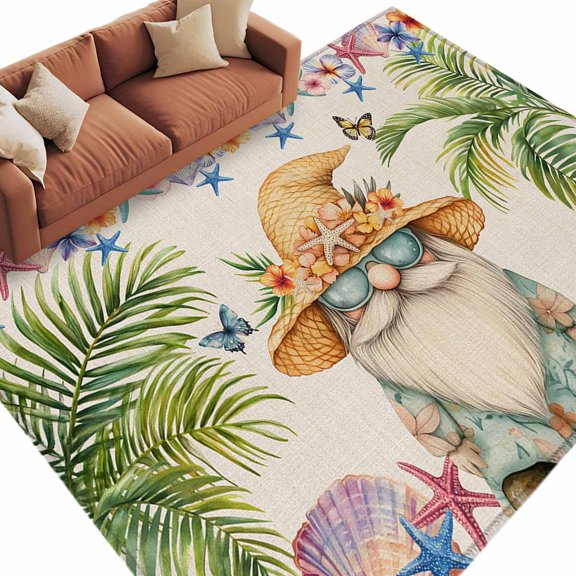 Area Rug 60×96in, Watercolor Gnome Ocean Life Flower Floor Carpet Living Room Rug, Starfish Shell on Burlap Non-Slip Welcome Mat Indoor Rugs for Bedroom Dining Room