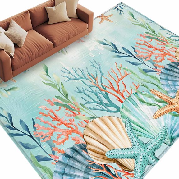Area Rug 60×96in, Watercolor Ocean Marine Life Floor Carpet Living Room Rug, Sea Coral Starfish Shell Non-Slip Welcome Mat Indoor Rugs for Bedroom Dining Room