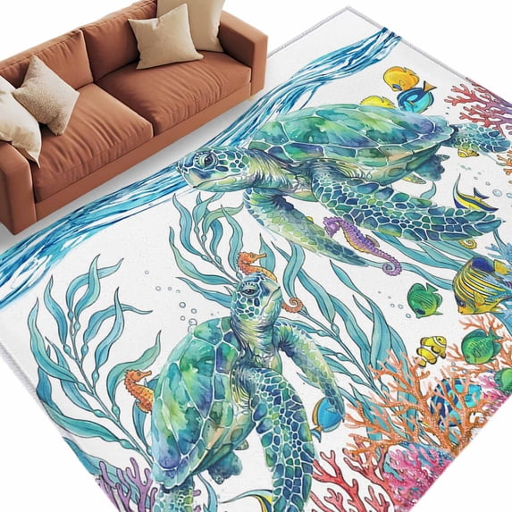 Area Rug 60×96in, Watercolor Sea Turtle Coral Seaweed Floor Carpet Living Room Rug, Ocean Life Fish Seahorse Non-Slip Welcome Mat Indoor Rugs for Bedroom Dining Room