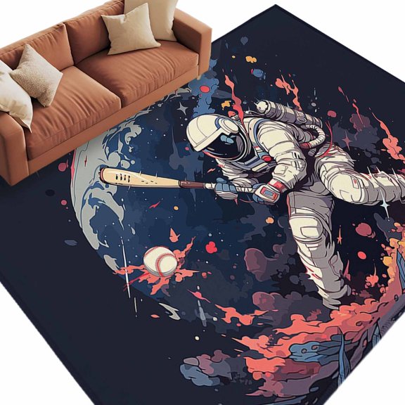 Area Rug 60×96in, Watercolor Space Man Baseball Sport Floor Carpet Living Room Rug, Universe Planet Art Non-Slip Welcome Mat Indoor Rugs for Bedroom Dining Room