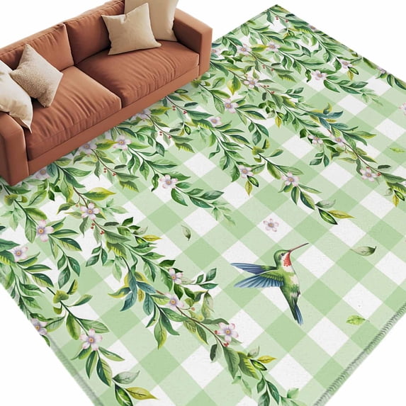 Area Rug 60×96in, Watercolor Spring Birds Leaves Floor Carpet Living Room Rug, Green White Plaid Non-Slip Welcome Mat Indoor Rugs for Bedroom Dining Room
