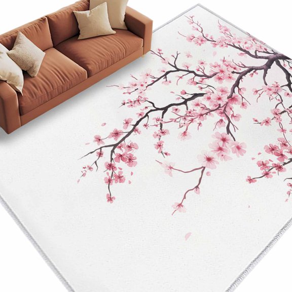 Area Rug 60×96in, Watercolor Spring Cherry Flowers Floor Carpet Living Room Rug, Country Floral Art Non-Slip Welcome Mat Indoor Rugs for Bedroom Dining Room