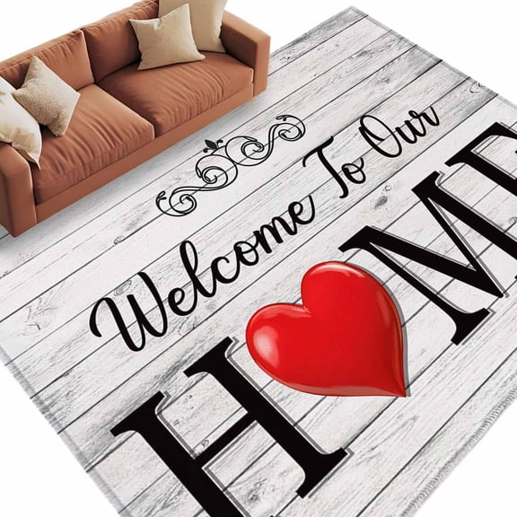 Area Rug 60×96in, Welcome to Our Home Quote Floor Carpet Living Room Rug, Retro Farm Wood Grain Non-Slip Welcome Mat Indoor Rugs for Bedroom Dining Room