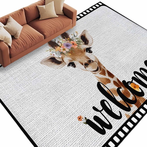 Welcome Rug Print Area Rug 60×96in, Welcome Words Cute Giraffes Floor Carpet Living Room ...