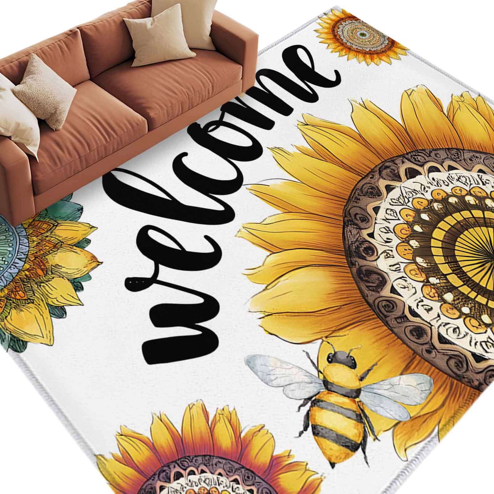 Area Rug 60×96in, Welcome Words Sunflowers Bee Floor Carpet Living Room ...