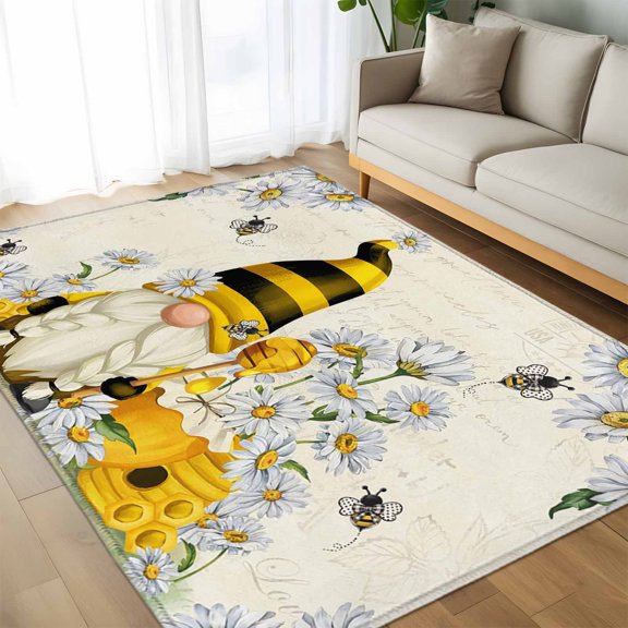 Area Rug 60×96in, White Daisy Pastoral Gnome Bee Floor Carpet Living Room Rug, Summer Honey Hive Non-Slip Welcome Mat Indoor Rugs for Bedroom Dining Room