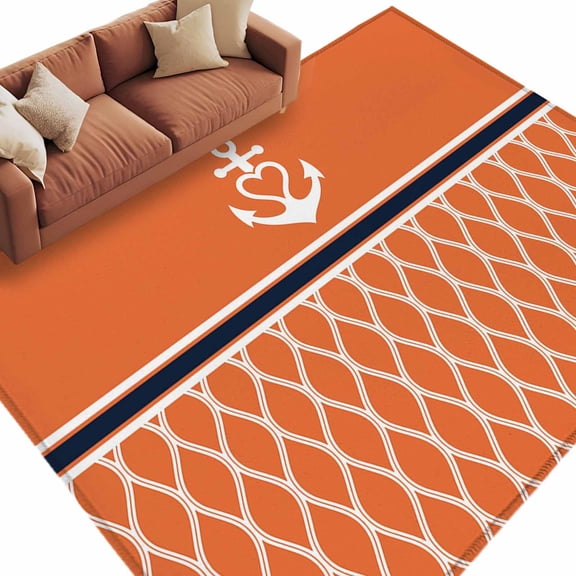 Area Rug 60×96in, White Nautical Anchor Orange Theme Floor Carpet Living Room Rug, Morocco Geometric Stripe Non-Slip Welcome Mat Indoor Rugs for Bedroom Dining Room