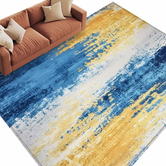 Area Rug 60×96in, Yellow Blue Gradient Watercolor Floor Carpet Living Room Rug, Abstract Color Block Non-Slip Welcome Mat Indoor Rugs for Bedroom Dining Room