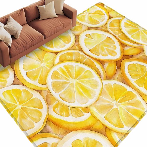 Area Rug 60×96in, Yellow Lemon Slice Watercolor Floor Carpet Living Room Rug, Summer Fruit Non-Slip Welcome Mat Indoor Rugs for Bedroom Dining Room