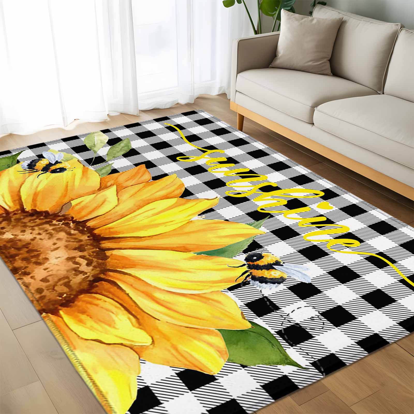 Area Rug 60×96in, Yellow Sunflower Sunshine Black White Checker Floor ...