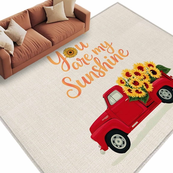 Area Rug 60×96in, You Are My Sunshine Words Floor Carpet Living Room Rug, Farm Sunflowers on Red Truck Non-Slip Welcome Mat Indoor Rugs for Bedroom Dining Room
