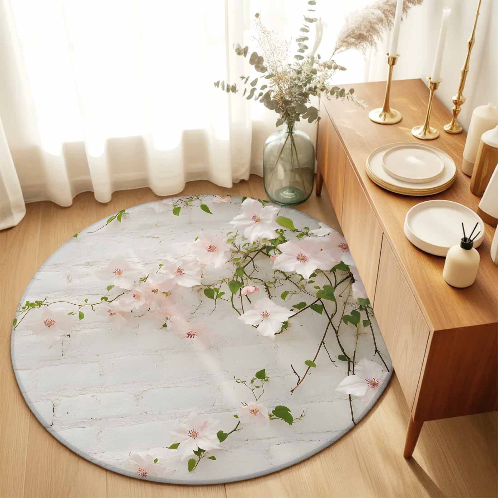Area Rug 60in, Pink Flower White Walls Floor Carpet Living Room Rug ...