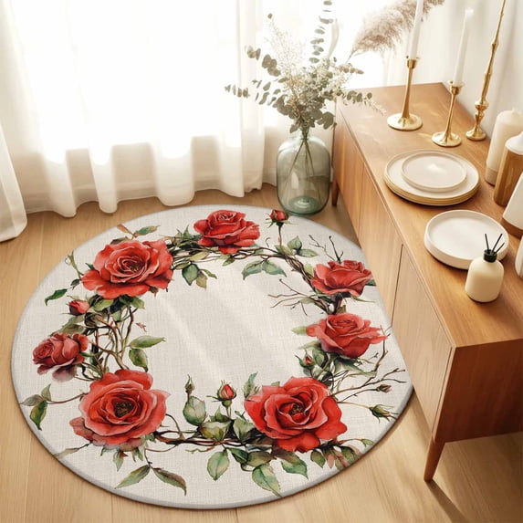 Area Rug 60in, Spring Pastoral Red Rose Flower Garland Floor Carpet ...