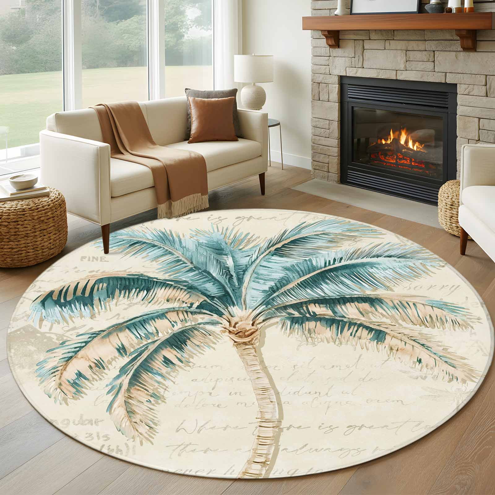 Area Rug 60in, Tropical Watercolor Coconut Tree Floor Carpet Living ...