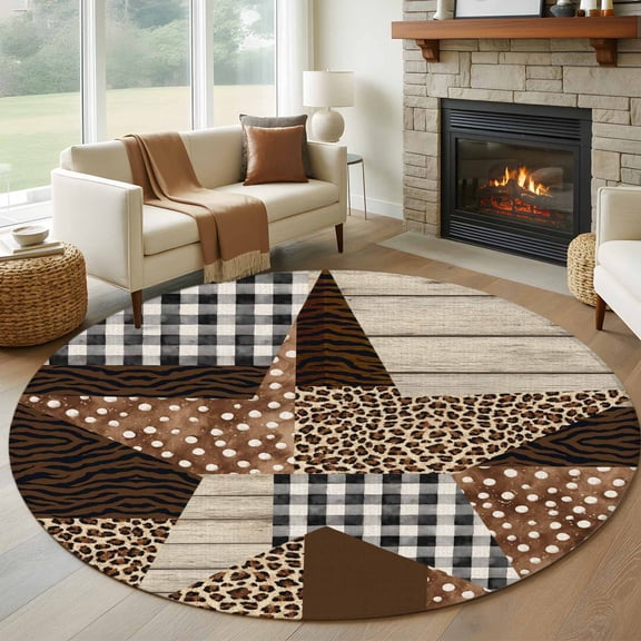 Area Rug 60in, Western Star Collage Floor Carpet Living Room Rug, Leopard Black Plaid Tiger Stripe Non-Slip Welcome Mat Indoor Rugs for Bedroom Dining Room