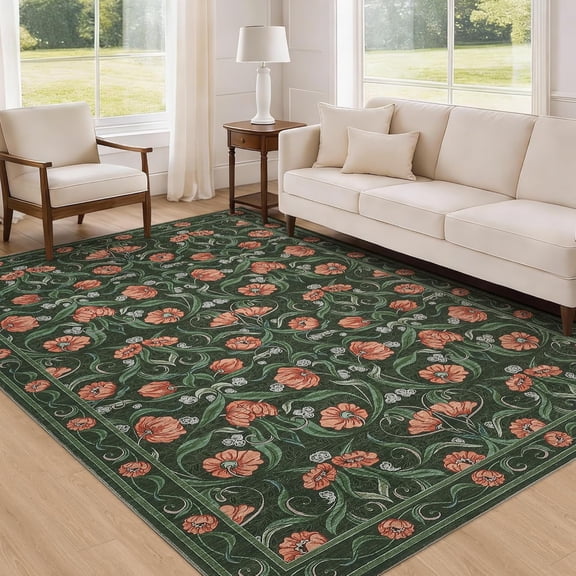 Area Rug 6x9, Floral Modern Washable Rugs, Non-Slip Low-Pile Soft Floor Carpet for Bedroom, Living Room, Dining Room, Green