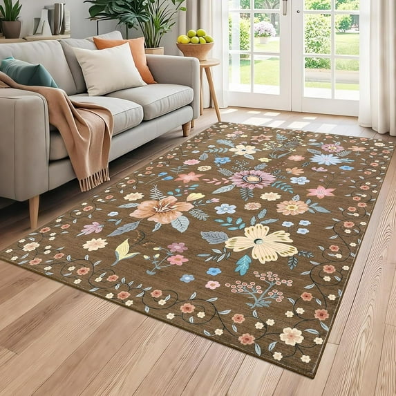 Area Rug 6x9 Large Washable Rugs, Soft Ultra-Thin Floral Rugs with Non Slip Backing Low Pile Indoor Floor Carpet for Living Room Bedroom Nursery Kitchen, Brown