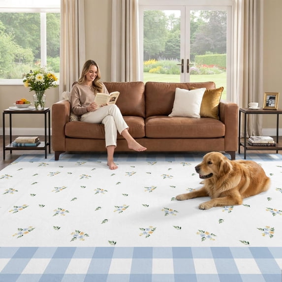 Chequerboard Border Area Rug 6x9 Living Room Rug, Dainty Wildflower Sprigs Washable Non ...