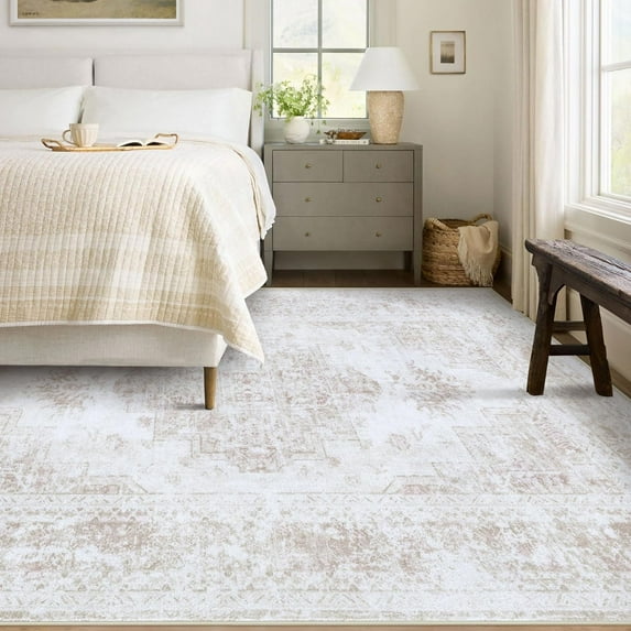 Area Rug 6x9 Living Room Rug, Machine Washable Vintage Distressed Medallion Rug Non-Slip Soft Low Pile Large Indoor Rugs for Bedroom Kitchen Dining Room Office