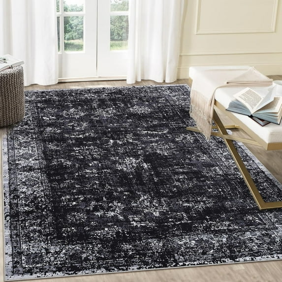 Area Rug 6x9 Rugs Non Slip Washable Rug Low Pile Vintage Distressed Rugs Stain Resistant Carpet Playroom Dining Dorm Black