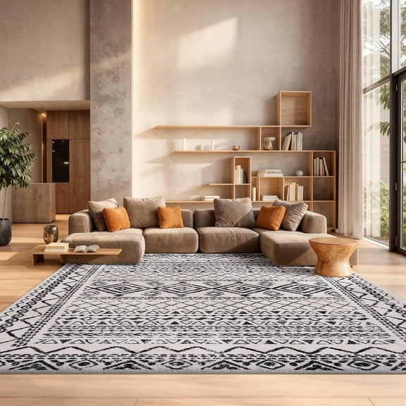 Area Rug 6x9 - Tulum Collection - Ivory & Black, Moroccan Boho Distressed Design, Non-Shedding & Easy to Clean, Ideal for Living Room, Bedroom, Dining Space (TUL268D)