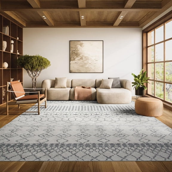 Area Rug 6x9 - Tulum Collection - Ivory & Grey, Moroccan Boho Distressed Design, Non-Shedding & Easy to Clean, Ideal for Living Room, Bedroom, Dining Space (TUL229A)