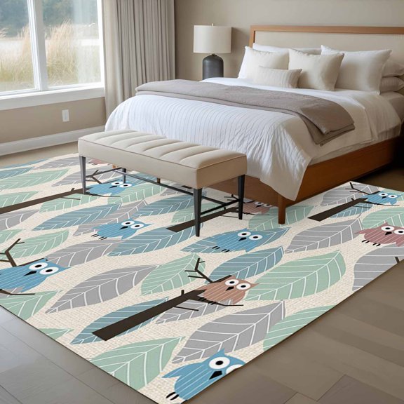 Area Rug 72×108in, Abstract Brown Blue Eagle Floor Carpet Living Room Rug, Retro Green Leaves Non-Slip Welcome Mat Indoor Rugs for Bedroom Dining Room
