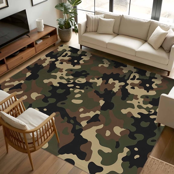Area Rug 72×108in, Abstract Camouflages Texture Floor Carpet Living Room Rug, Retro Camo Pattern Non-Slip Welcome Mat Indoor Rugs for Bedroom Dining Room